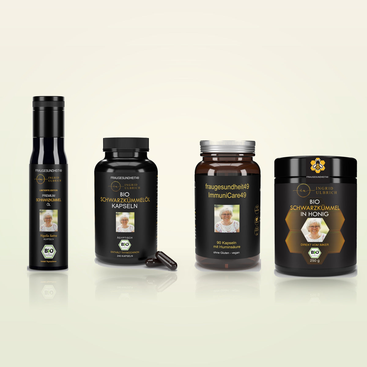 Ingrids Schwarzkümmel-Komplettpaket: Öl, ImmuniCare49, Kapseln, Schwarzkümmel in Honig